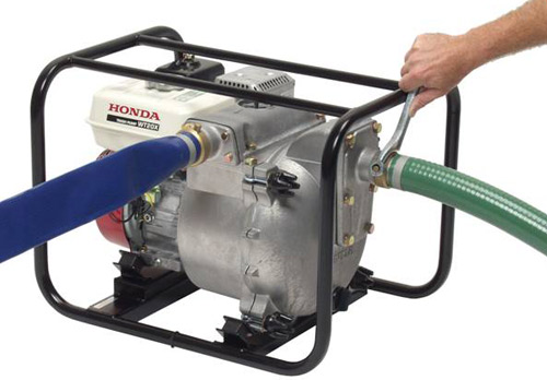 Man tightening a hose connector with a Honda hose wrench on a Honda WT20X Pump 